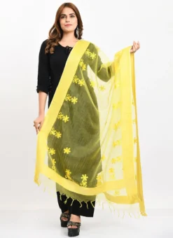 Lemon Yellow Organza Cotton Chikankari Embroidery Dupatta Work Wear -Mahra Clothing Shop lemon yellow organza cotton chikankari embroidery dupatta dpdmimfd113 u
