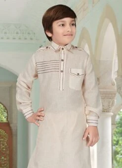 Light Beige Teens Art Silk Cotton Pathani Set -Mahra Clothing Shop light beige teens art silk cotton pathani set kddss418t b