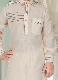 Light Beige Teens Art Silk Cotton Pathani Set