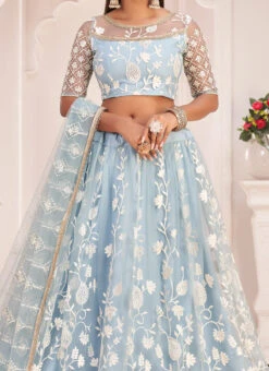 Light Blue Butterfly Net Embroidered N Sequins Umbrella Lehenga Party Wear
