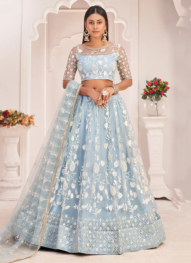 Light Blue Butterfly Net Embroidered N Sequins Umbrella Lehenga Party Wear 3 Light Blue Butterfly Net Embroidered N Sequins Umbrella Lehenga Party Wear - Image 3