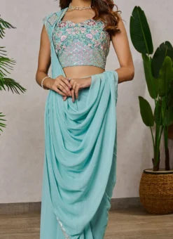 Light Blue Faux Georgette Shimmer Saree Party Wear