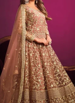 Light Brown Net Embroidery Anarkali Suit Party Wear