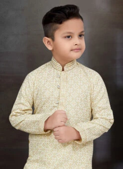 Light Gold Blended Cotton Printed Kids Boys Kurta Pyjama Festive Wear -Mahra Clothing Shop light gold blended cotton printed kids boys kurta pyjama kdbmss6241 b