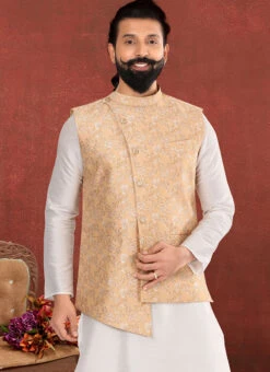 Light Gold Jacquard Silk Jacquard Nehru Jacket 5 Light Gold Jacquard Silk Jacquard Nehru Jacket -Mahra Clothing Shop light gold jacquard silk jacquard nehru jacket jmvswc308 b