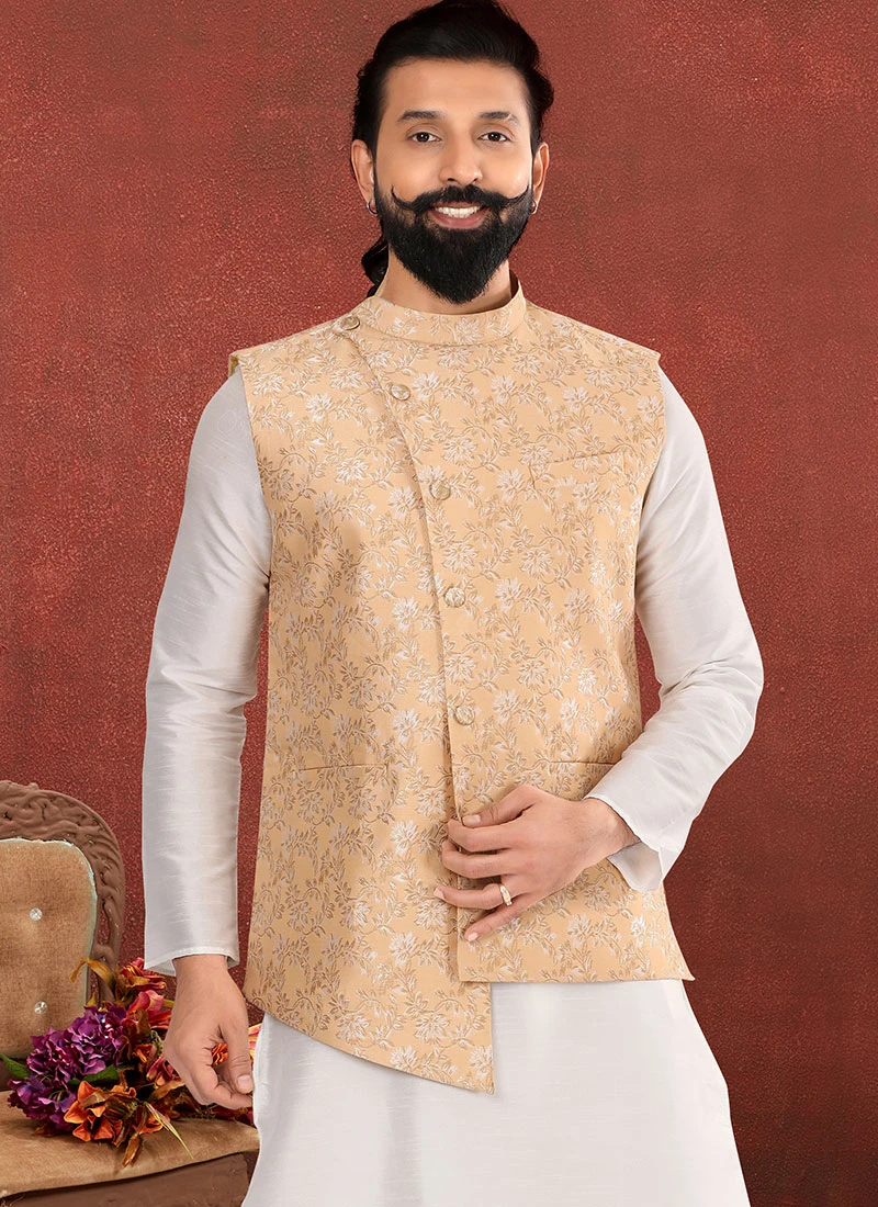 Light Gold Jacquard Silk Jacquard Nehru Jacket 3 Light Gold Jacquard Silk Jacquard Nehru Jacket - Image 3