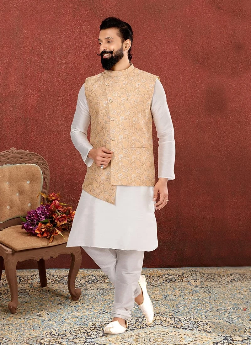 Light Gold Jacquard Silk Jacquard Nehru Jacket 2 Light Gold Jacquard Silk Jacquard Nehru Jacket - Image 2