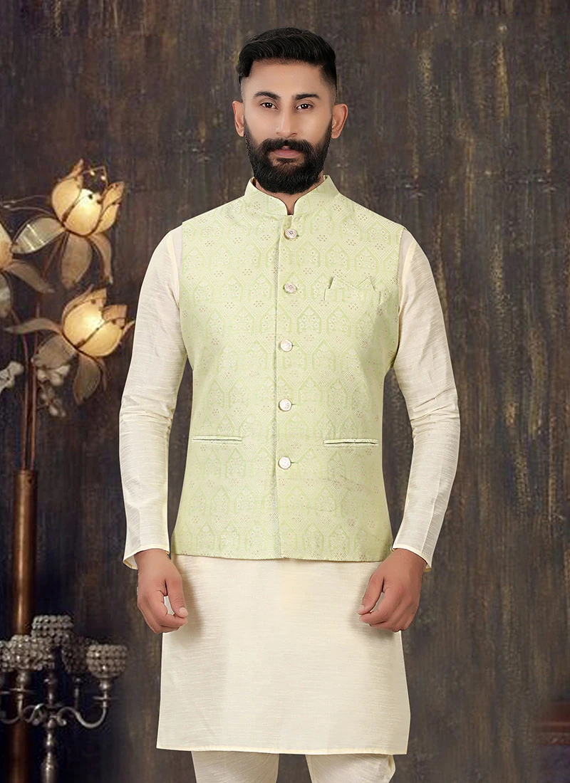Light Green Art Silk Brocade Nehru Jacket 3 Light Green Art Silk Brocade Nehru Jacket - Image 3