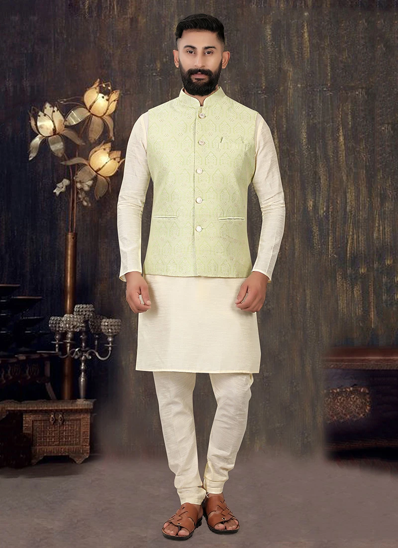 Light Green Art Silk Brocade Nehru Jacket 2 Light Green Art Silk Brocade Nehru Jacket - Image 2