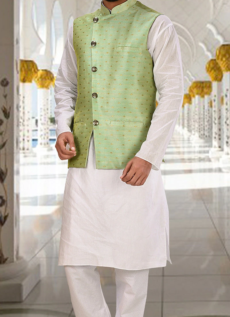 Light Green Cotton Jacquard Nehru Jacket 1 Light Green Cotton Jacquard Nehru Jacket