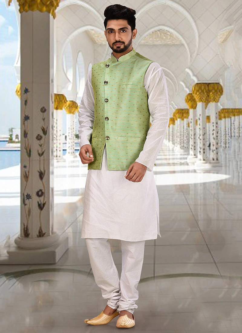 Light Green Cotton Jacquard Nehru Jacket 2 Light Green Cotton Jacquard Nehru Jacket - Image 2