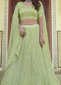 Light Green Georgette Sequins Embroidery Umbrella Lehenga Wedding Wear