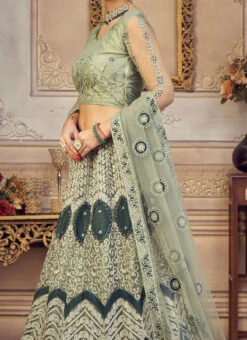Light Green Net Embroidery Umbrella Lehenga Party Wear
