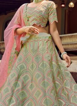 Light Green Organza Embroidered N Stones Umbrella Lehenga Wedding Wear