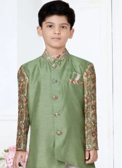 Light Green Silk Printed Work Indowestern Sherwani Party Wear -Mahra Clothing Shop light green silk printed work indowestern sherwani kdbmsgr513 b