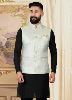 Light Grey Art Silk Brocade Nehru Jacket 5 Light Grey Art Silk Brocade Nehru Jacket -Mahra Clothing Shop light grey art silk brocade nehru jacket jmkmdc1350 b