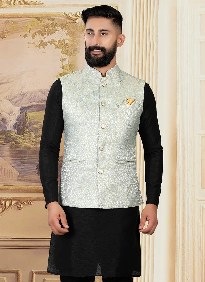 Light Grey Art Silk Brocade Nehru Jacket 3 Light Grey Art Silk Brocade Nehru Jacket - Image 3
