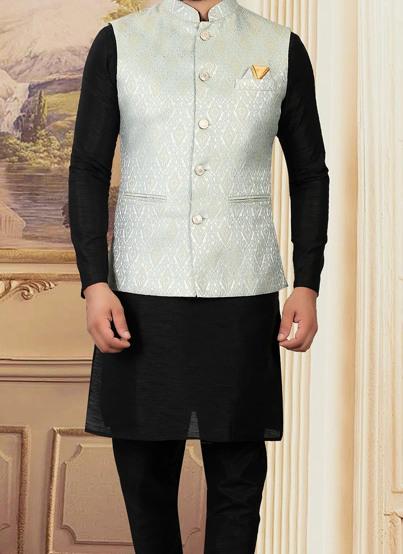 Light Grey Art Silk Brocade Nehru Jacket 1 Light Grey Art Silk Brocade Nehru Jacket