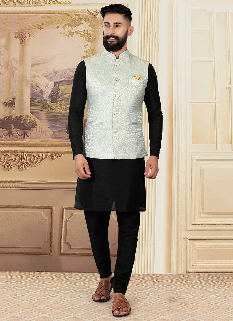 Light Grey Art Silk Brocade Nehru Jacket 2 Light Grey Art Silk Brocade Nehru Jacket - Image 2