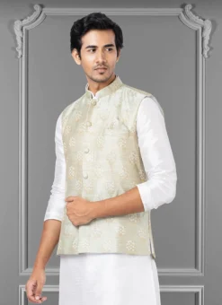Light Grey Jacquard Silk Nehru Jacket -Mahra Clothing Shop light grey jacquard silk nehru jacket jmkkvs492 b