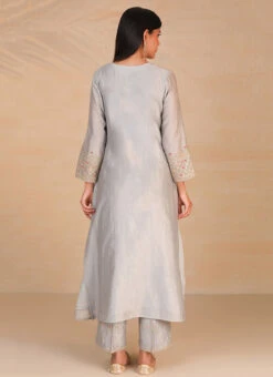 Light Grey Pure Chanderi Silk Embroidered Kurta Semi Palazzo Set Party Wear -Mahra Clothing Shop light grey pure chanderi silk embroidered kurta semi palazzo set krsdvcsvks39 b