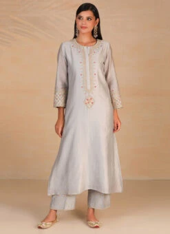 Light Grey Pure Chanderi Silk Embroidered Kurta Semi Palazzo Set Party Wear -Mahra Clothing Shop light grey pure chanderi silk embroidered kurta semi palazzo set krsdvcsvks39 u