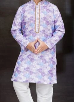 Light Lavender Blended Cotton Printed Kids Boys Kurta Pyjama Festive Wear
