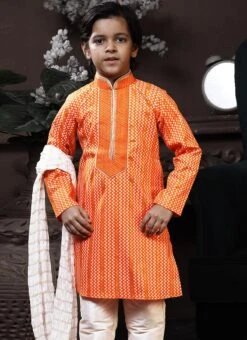 Light Orange Cotton Printed Boys Kurta Pyjama Party Wear -Mahra Clothing Shop light orange cotton printed boys kurta pyjama kdbmss6191 b