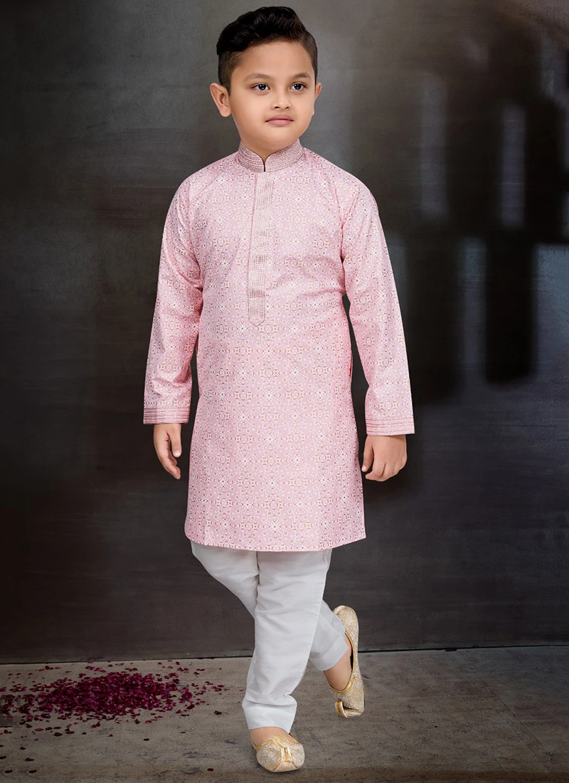 Light Pink Blended Cotton Printed Kids Boys Kurta Pyjama Festive Wear 2 Light Pink Blended Cotton Printed Kids Boys Kurta Pyjama Festive Wear - Image 2