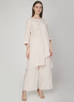Light Pink Linen Kurta Palazzo Set Work Wear -Mahra Clothing Shop light pink linen kurta palazzo set krsdvcsvts05 u