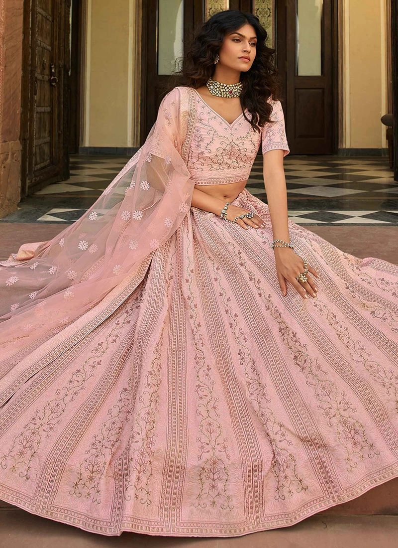 Light Pink Satin Thread Embroidered Umbrella Lehenga Wedding Wear 4 Light Pink Satin Thread Embroidered Umbrella Lehenga Wedding Wear - Image 4