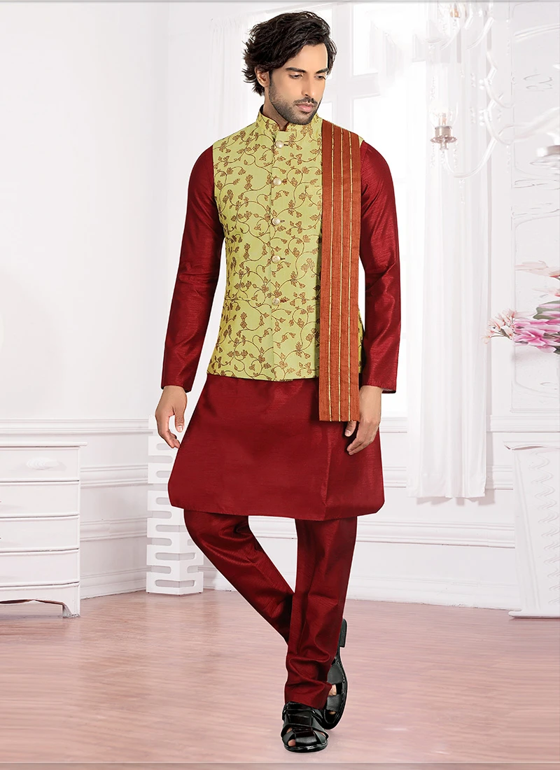 Light Pista Green BrocadeNehru Jacket 2 Light Pista Green BrocadeNehru Jacket - Image 2