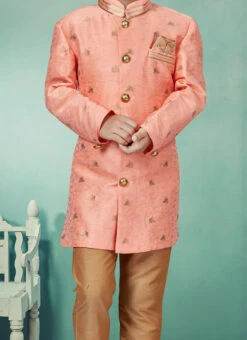Light Red Art Silk Jacquard Idowestern Sherwani Party Wear