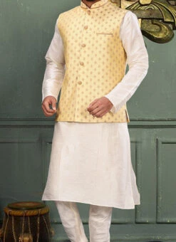 Light Yellow Cotton Mulberry Jacquard Nehru Jacket