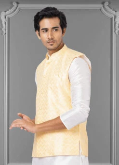 Light Yellow Linen Silk Nehru Jacket -Mahra Clothing Shop light yellow linen silk nehru jacket jmkkvs478 b
