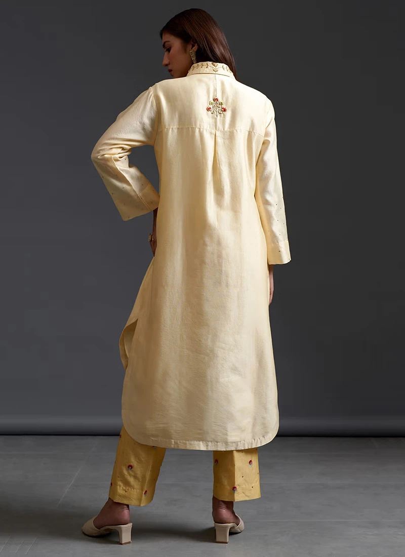 Light Yellow Pure Chanderi Silk Embroidered Kurta Semi Palazzo Set Party Wear 4 Light Yellow Pure Chanderi Silk Embroidered Kurta Semi Palazzo Set Party Wear - Image 4