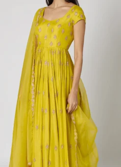 Lime Green Pure Chanderi Silk Zari Work Anarkali Suit Party Wear