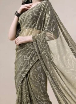 Lycra Mehendi Green Color Printed Work Saree Party Wear