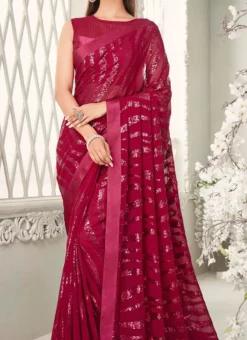 Magenta Faux Georgette Sequins Saree Party Wear