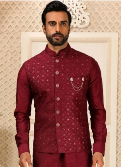 Maroon Art Silk Banarasi Bandi Set Party Wear -Mahra Clothing Shop maroon art silk banarasi bandi set kpmac1348 b