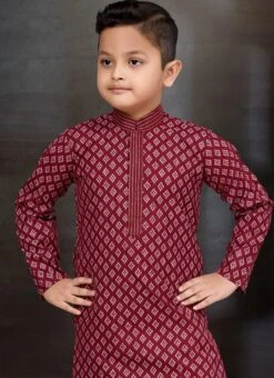 Maroon Blended Cotton Printed Kids Boys Kurta Pyjama Festive Wear -Mahra Clothing Shop maroon blended cotton printed kids boys kurta pyjama kdbmss6245 b