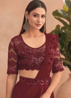 Maroon Chinon Silk Embroidered Ready Pleated Saree Party Wear -Mahra Clothing Shop maroon chinon silk embroidered ready pleated saree saska36307302f b