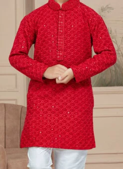 Maroon Cotton Embroidered Kurta Pyjama For Boys Festive Wear