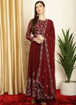 Maroon Faux Georgette Embroiered Anarkali Suit Party Wear -Mahra Clothing Shop maroon faux georgette embroiered anarkali suit slssls4067 u