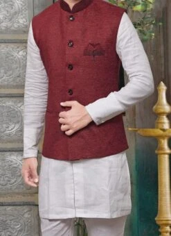 Maroon Jute Nehru Jacket