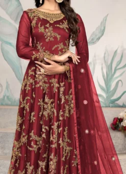 Maroon Net Zari Embridered Work Anarkali Suit Party Wear
