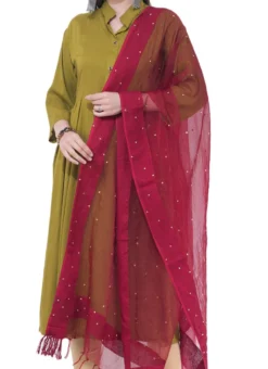Maroon Organza Cotton Stones Work Dupatta Festive Wear