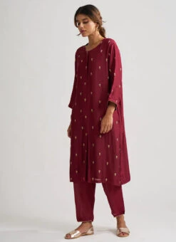 Maroon Pure Chanderi Silk Embroidered Kurta Semi Palazzo Set Party Wear -Mahra Clothing Shop maroon pure chanderi silk embroidered kurta semi palazzo set krsdvcsvks46 u