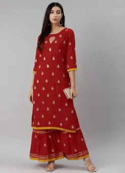 Maroon Rayon Embroidery Kurta Sharara Set Party Wear -Mahra Clothing Shop maroon rayon embroidery kurta sharara set krsdmf7142g u