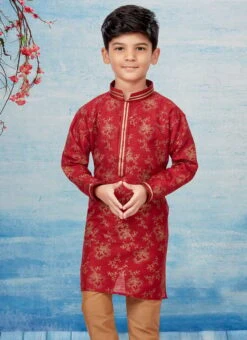 Maroon Silk Dupion Printed Kids Kurta Pyjama Party Wear -Mahra Clothing Shop maroon silk dupion printed kids kurta pyjama kdbsgrk720 b